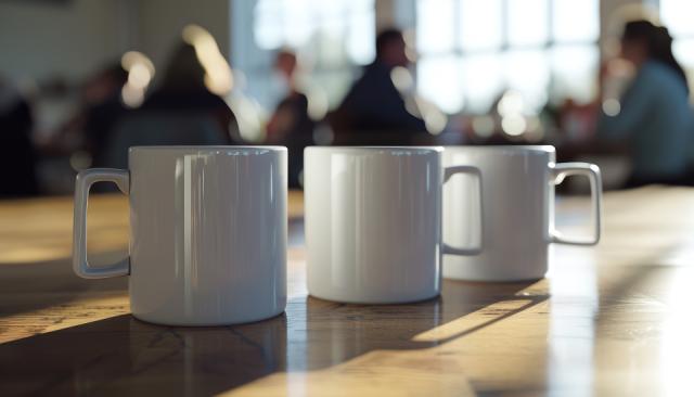 stribe af tre kaffekrus staar paa et bord i baggrunden mennesker ses i baggrunden