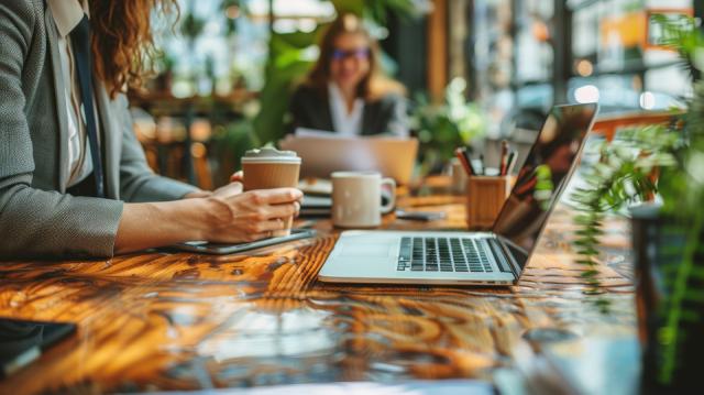 kvinde holder om en kop kaffe sidder ved skrivebord med laptop