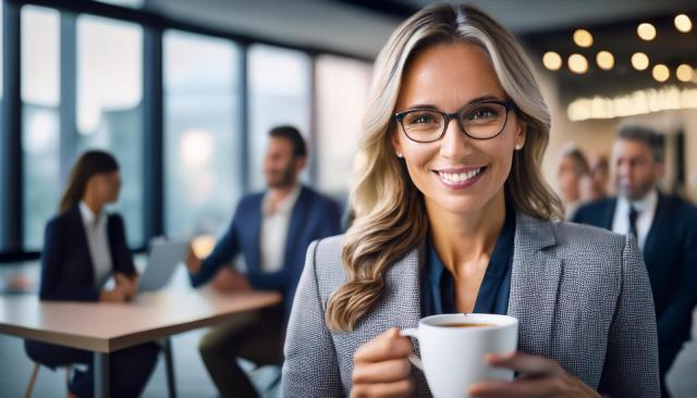 kvinde staar med en kop kaffe kigger ind i kameraet og smiler